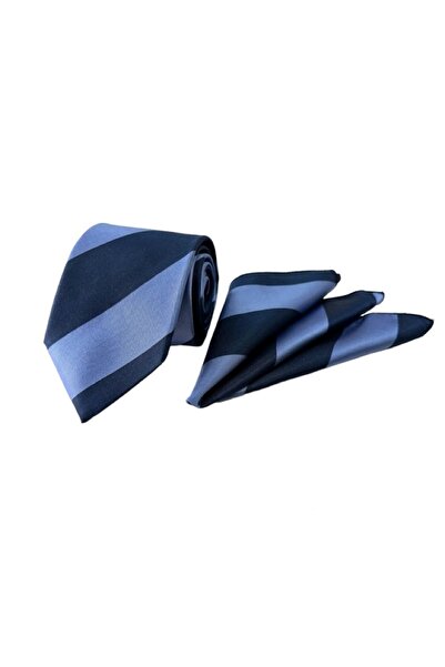VENCHY Lacivert Mavi Çizgi Desen Mendilli Kravat 7738-6MK