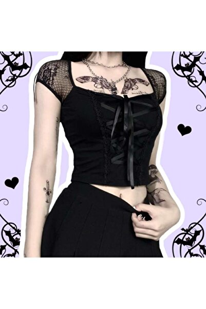 Köstebek Harajuku Fashion Gothic Lace Strap Black T-Shirt
