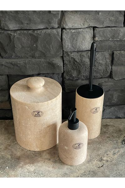 Polen Stone طقم حمام من حجر الترافرتين الطبيعي - 3 قطع، تفاصيل سوداء غير لامعة