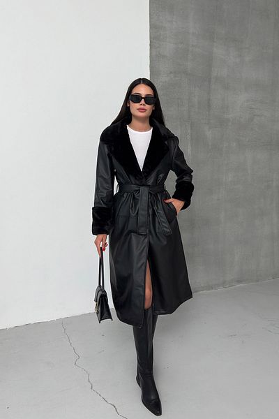 LACHT Ent Women's Black Collar and Sleeve Fur Detailed Leather Long Trench Coat