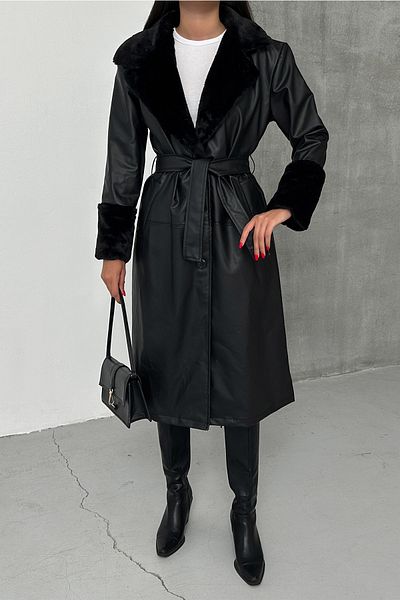LACHT Ent Women's Black Collar and Sleeve Fur Detailed Leather Long Trench Coat