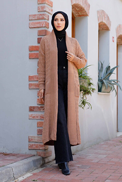 Pamuk Butik Women's Chain Knitted Shawl Collar Pocket Knitwear Cardigan