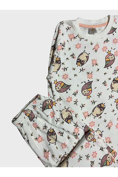elmas kids Set de pijamale de iarnă cu mânecă lungă, 100% bumbac, cu flori de bufniță albă