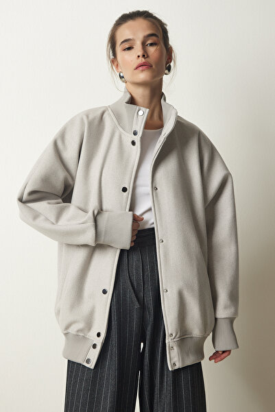 Lovelyİstanbul معطف كشمير ممتاز - أزرار كبس، لون حجري LFN0025