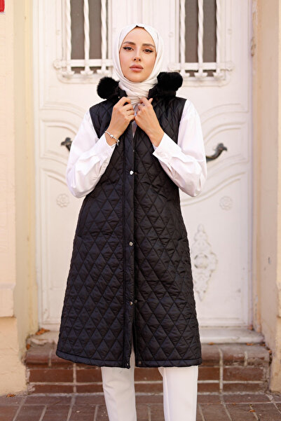 Pamuk Butik Kadın Kapüşonlu Uzun Kapitone Yelek
