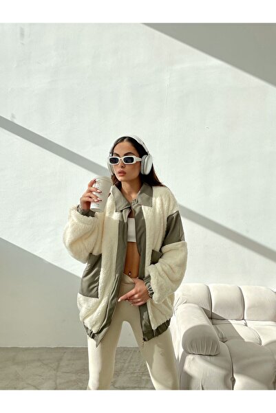 Housebutik Kadın Beyaz Haki Torba Cepli Peluş Kaban Mont