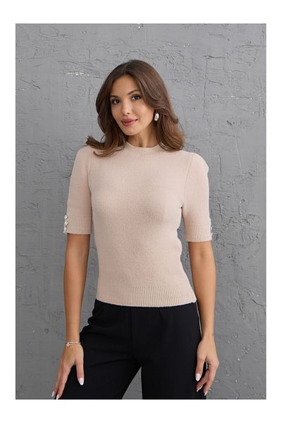 Elif Özbey Butik Tricotaje Yumos cu mânecă scurtă cu detaliu din piatră de nurcă deschisă
