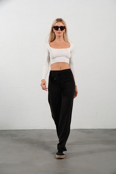 Domoda Black Modal Elastic Wide Leg Palazzo Knitted Women's Trousers @Trapani