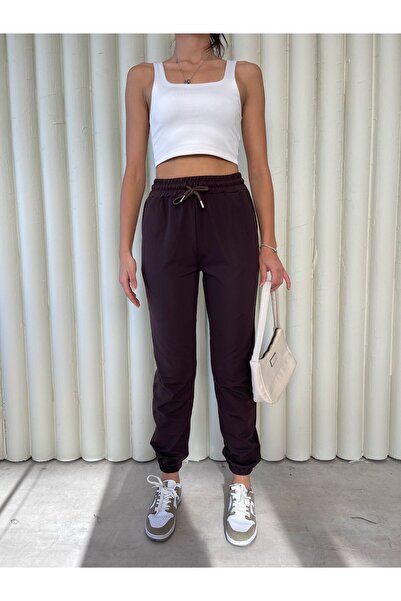 Genel Markalar Kadın Büyük Beden  Dalgıç Kumaş Kışlık Polarlı Jogger Yüksek Bel Cepli Eşofman Altı