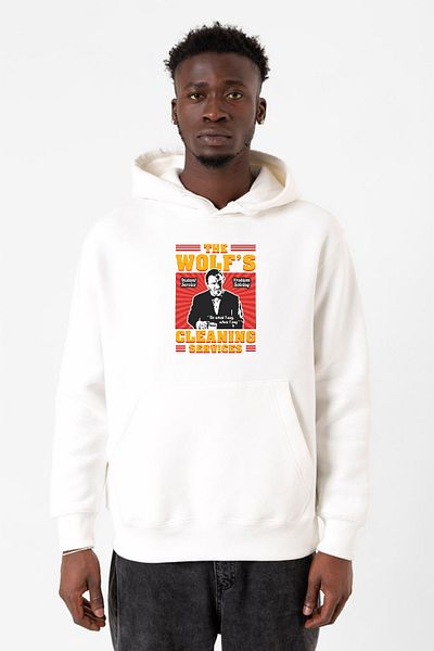 Tshirthane Pulp Fiction The Wolf's Cleaning Services Λευκό ανδρικό φούτερ με κουκούλα 3 ιντσών
