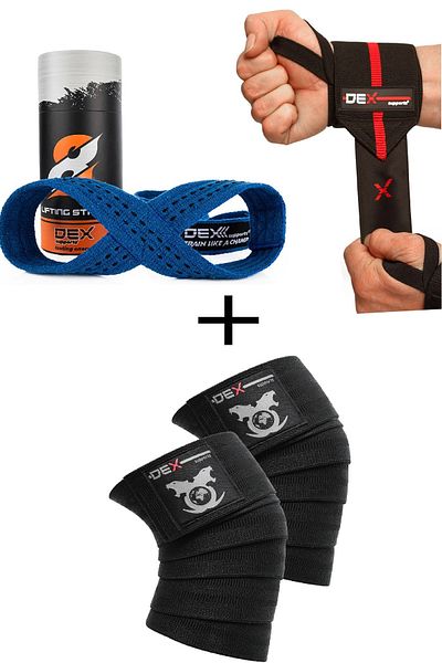Dex Supports أساور معصم رياضية باللون الأزرق من Elite + 8 أشرطة رفع حلقة + أشرطة ركبة للياقة البدنية Legend 3 Pack