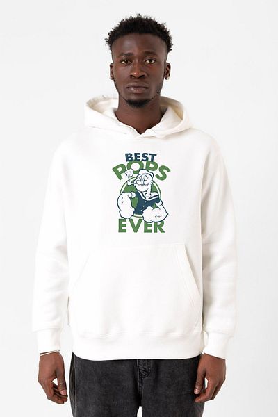 Tshirthane Popeye Best Pops Ever Λευκό ανδρικό φούτερ με κουκούλα 3 κορδονιών