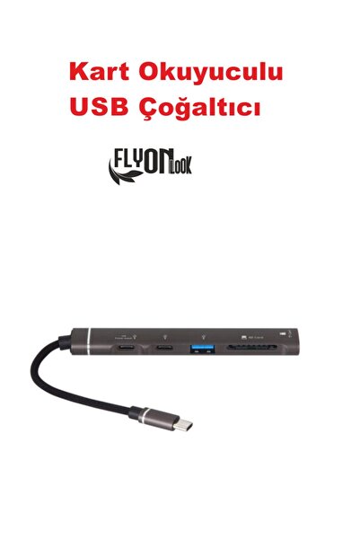 FLYON 4 1 Otg- Usb Çoğaltıcı Hemde Kart Okuyuculu Usb Hub Telefon Tablet Için Type-c Girişli
