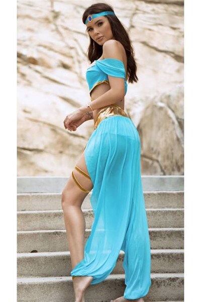 Bilian Kadın Mavi Fantezi Dansöz Kostüm Seti Altın Detaylı