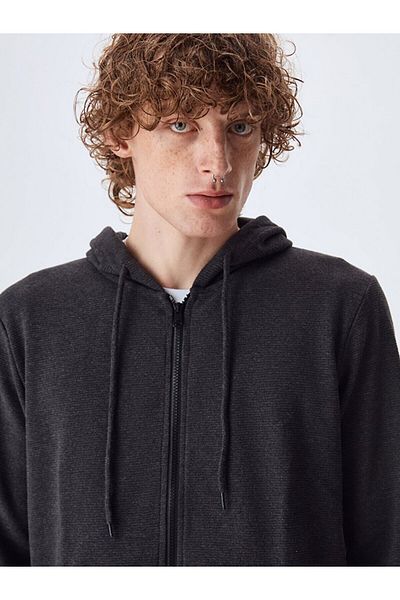 Ltb Hooded Zippered Basic Anthracite Cardigan