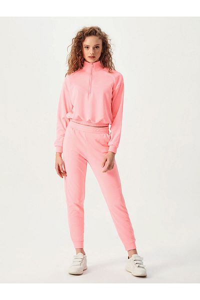 Ltb Růžová mikina s límečkem na poloviční zip