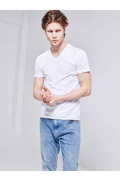 Ltb Tricou alb cu decolteu în V de bază slim fit