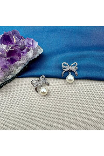 Opia Takı & Aksesuar Women's Steel Pearl Dangle Ribbon Silver Earrings