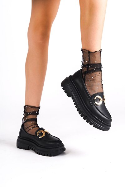 FGZY Shoes Zelda Cilt Kalın Tabanlı Gold Tokalı Comfort Siyah Loafer