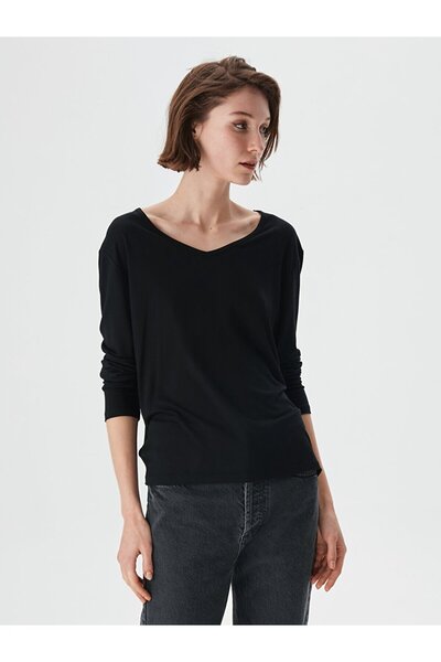 Ltb Μαύρο φούτερ με μακρύ μανίκι V λαιμόκοψη