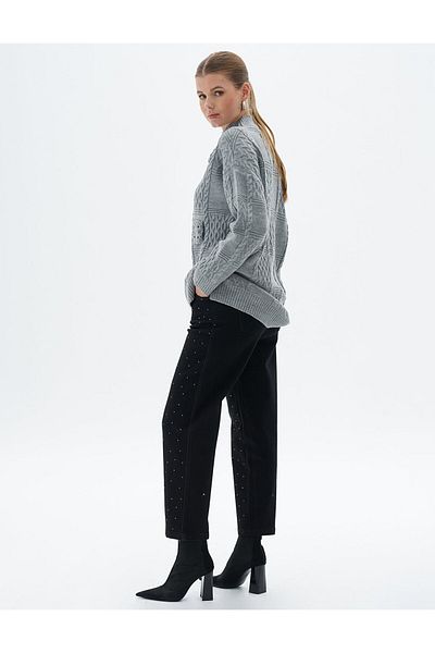 Kayra Black Hotfix Printed Denim Trousers