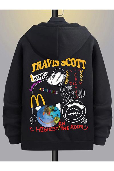 modaberry Cardigan gros Travis Scott - Cardigan supradimensionat de iarnă cu glugă și buzunare cu fermoar cu imprimeu negru