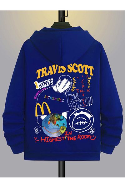 modaberry Cardigan gros Travis Scott - Cardigan supradimensionat de iarnă cu glugă și buzunare cu fermoar cu imprimeu albastru sax