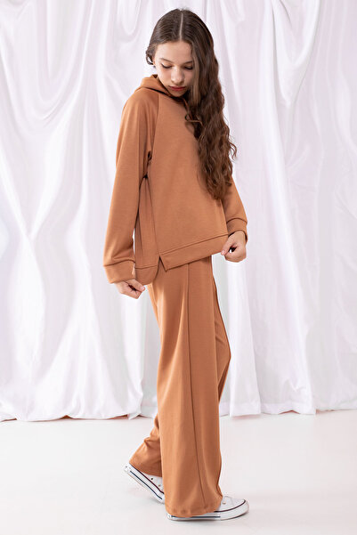 Cansın Mini Taba Cool Written Hooded Wide Leg αθλητική φόρμα για κορίτσια 19537