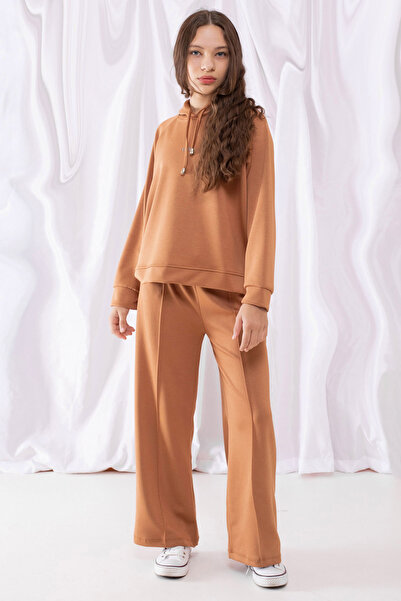 Cansın Mini Taba Cool Written Hooded Wide Leg αθλητική φόρμα για κορίτσια 19537