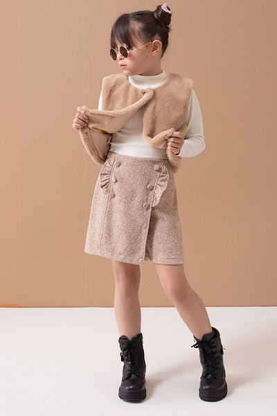 Cansın Mini Cream Plush Vest with Badi Girl's Shorts and Skirt Set 19555