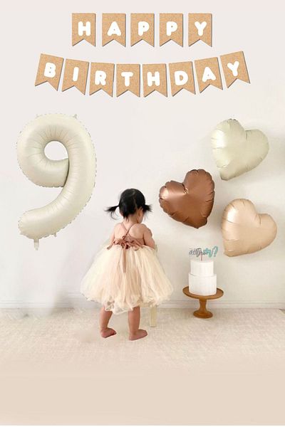 Atölye Mi 9 Year Old Happy Birthday Balloon Set - Retro Cream with Kraft Banner and 3 Heart Balloons