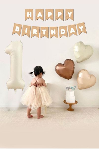 Atölye Mi 1 Year Old Happy Birthday Retro Cream Balloon Set - with Kraft Banner and Heart Pattern