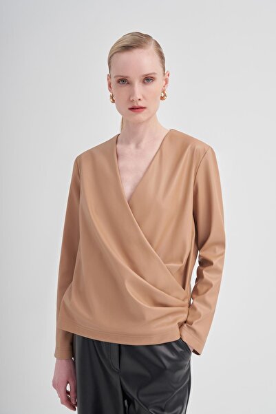 BİRELİN Kruvaze Suni Deri Bluz Bej
