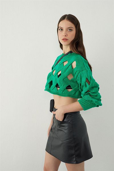 SHERIN Fustă mini cu buzunar negru cu aspect piele