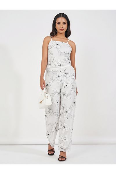 Styli Embroidery Detail Straight Fit Satin Trousers