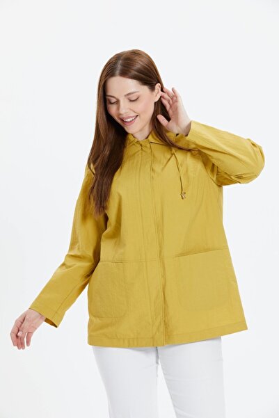 Selen Giyim Büyük Beden Kapüşonlu Önü Fermuarlı Trençkot