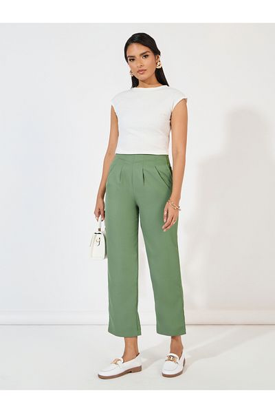 Styli Solid Pleated Straight Leg Ankle Length Trouser