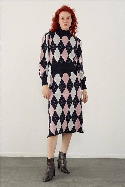 SHERIN Navy Blue Diamond Patterned Sweater Skirt Knitwear Set