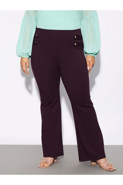 Sassafras By Styli Plus Solid Bell Bottom Trouser with Button Detail