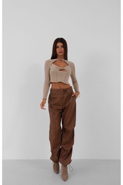 Black Fashion Brown Leather Trousers with Elastic Waist