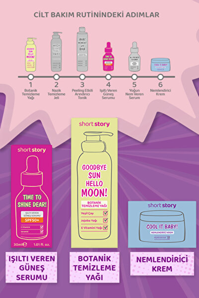 short story 3'lü Set Cilt Temizleme Yağı & Işıltı veren SPF50+ serum & Nemlendirici Krem