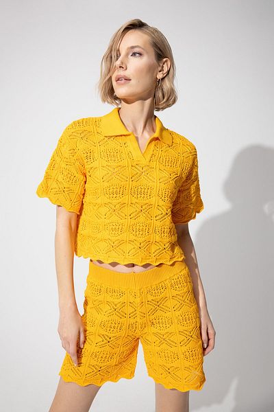 SHERIN Yellow Polo Neck Sweater Shorts Knitwear Set