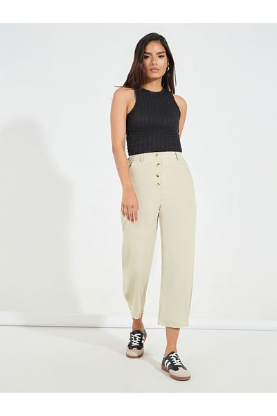 Styli Elastic Back Tapered Pants with Buttons