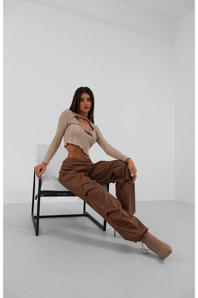 Black Fashion Brown Leather Trousers with Elastic Waist