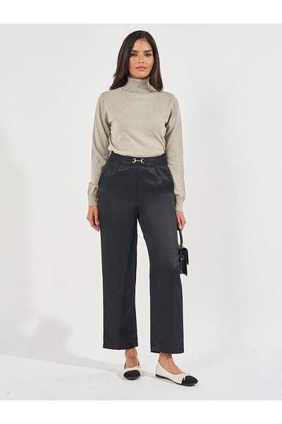 Styli High Rise Straight Leg Pants with Metal Accent