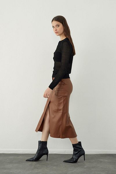 SHERIN Brown Leather Look Midi Skirt with Pocket Detail