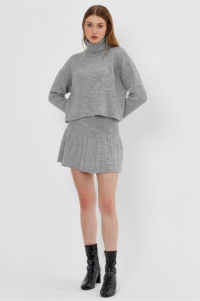 SHERIN Gray Corded Skirt Sweater Knitwear Set