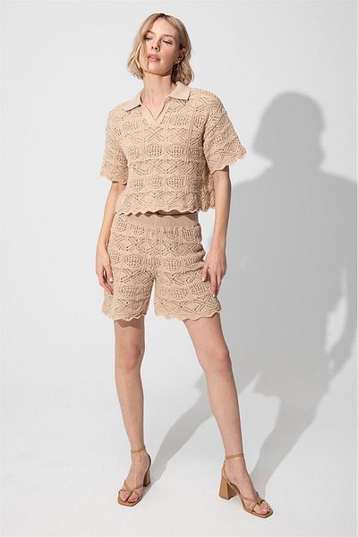 SHERIN Beige Polo Neck Sweater Shorts Knitwear Set