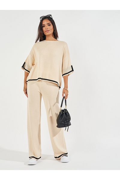 Styli Wide Leg Casual Knit Pants with Contrast Trim