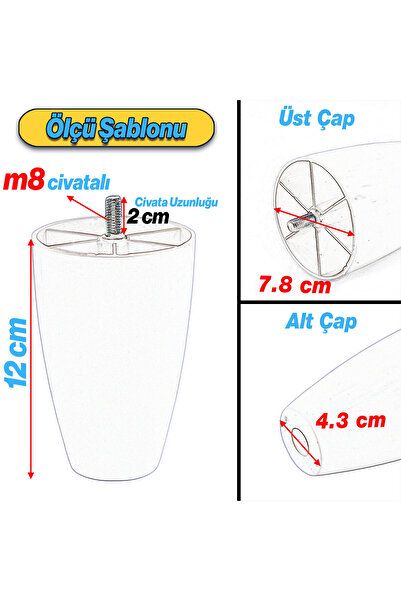 Badem10 Vidalı (M8 INCE DİŞ) Oval Plastik 12 Cm Beyaz Mobilya Dolap Kanepe Koltuk Yükseltici Ayağı Ayakları